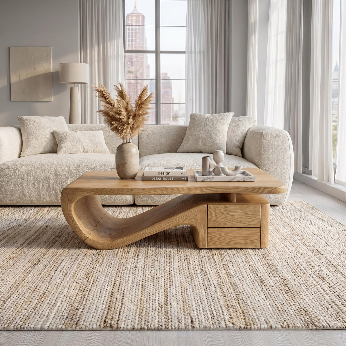 Spry Interior Organic Sculptural Coffee Table with Storage, Modern Solid Wood Center Sofa Accent Table for Living Room, SINLKICF360