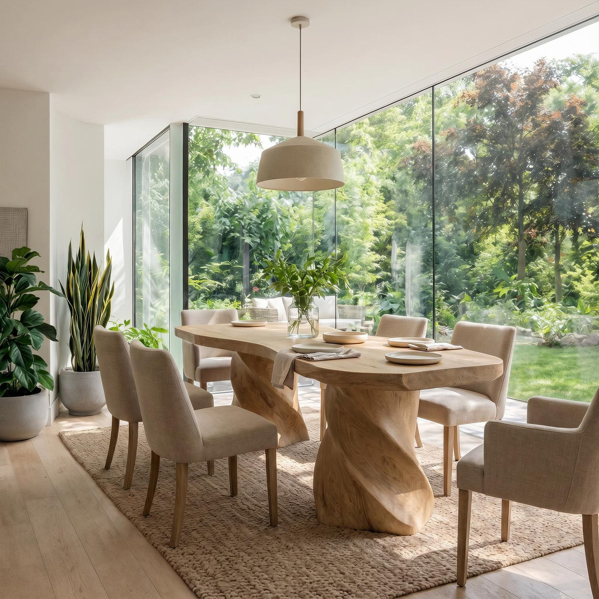 Spry Interior Sculptural Twisted Base Dining Table, Handcrafted Solid Wood Spiral Pedestal Kitchen Table, SINLKIDT165