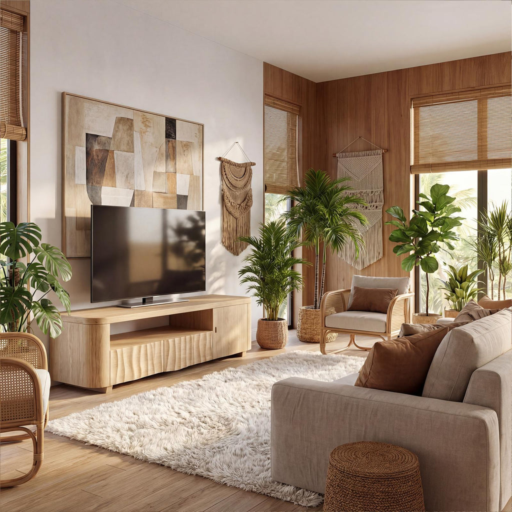 Modern TV Cabinet, Solid Wood Media Console with Storage Drawer & Shelves for Living Room