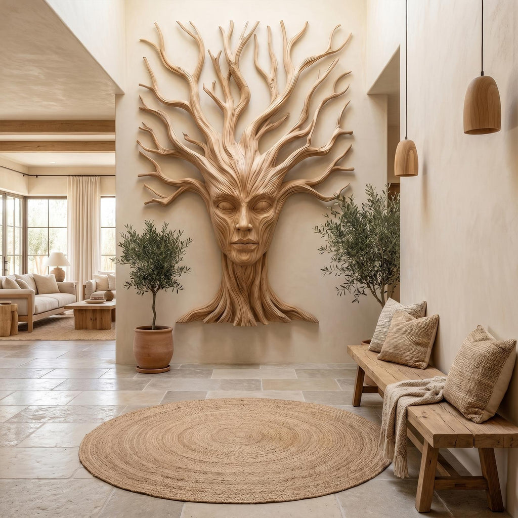 Mystical Tree Spirit Wooden Wall Art, Hand-Carved Sculptural Face Design Decor for Entryway & Living Room