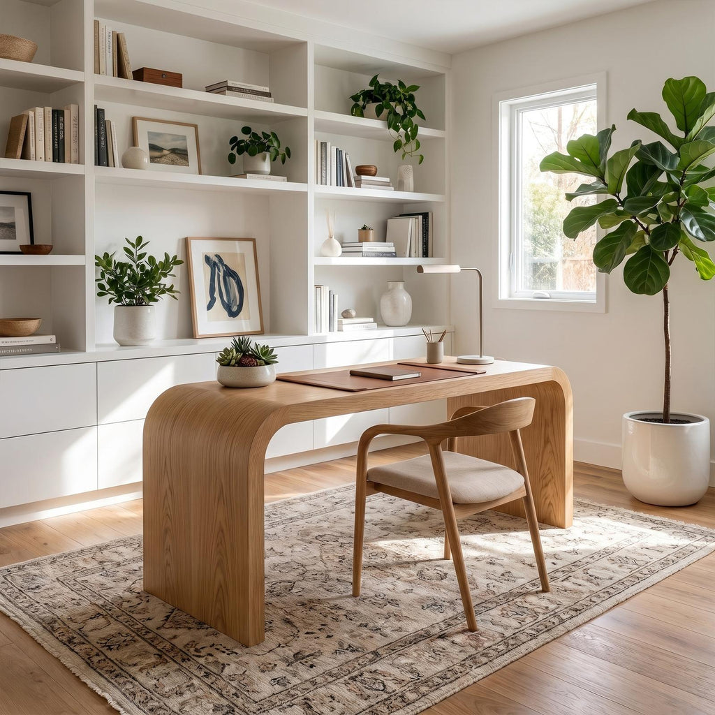 Organic Curved Wooden Desk, Waterfall Edge Design Solid Wood Writing Desk for Home Office