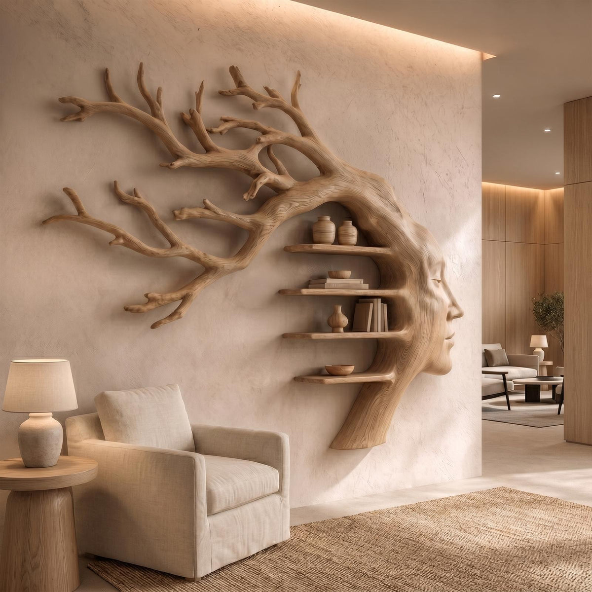 Rustic Tree Branch Wooden Wall Art with Floating Shelves, Handcrafted Wood Decor for Entryway & Living Room