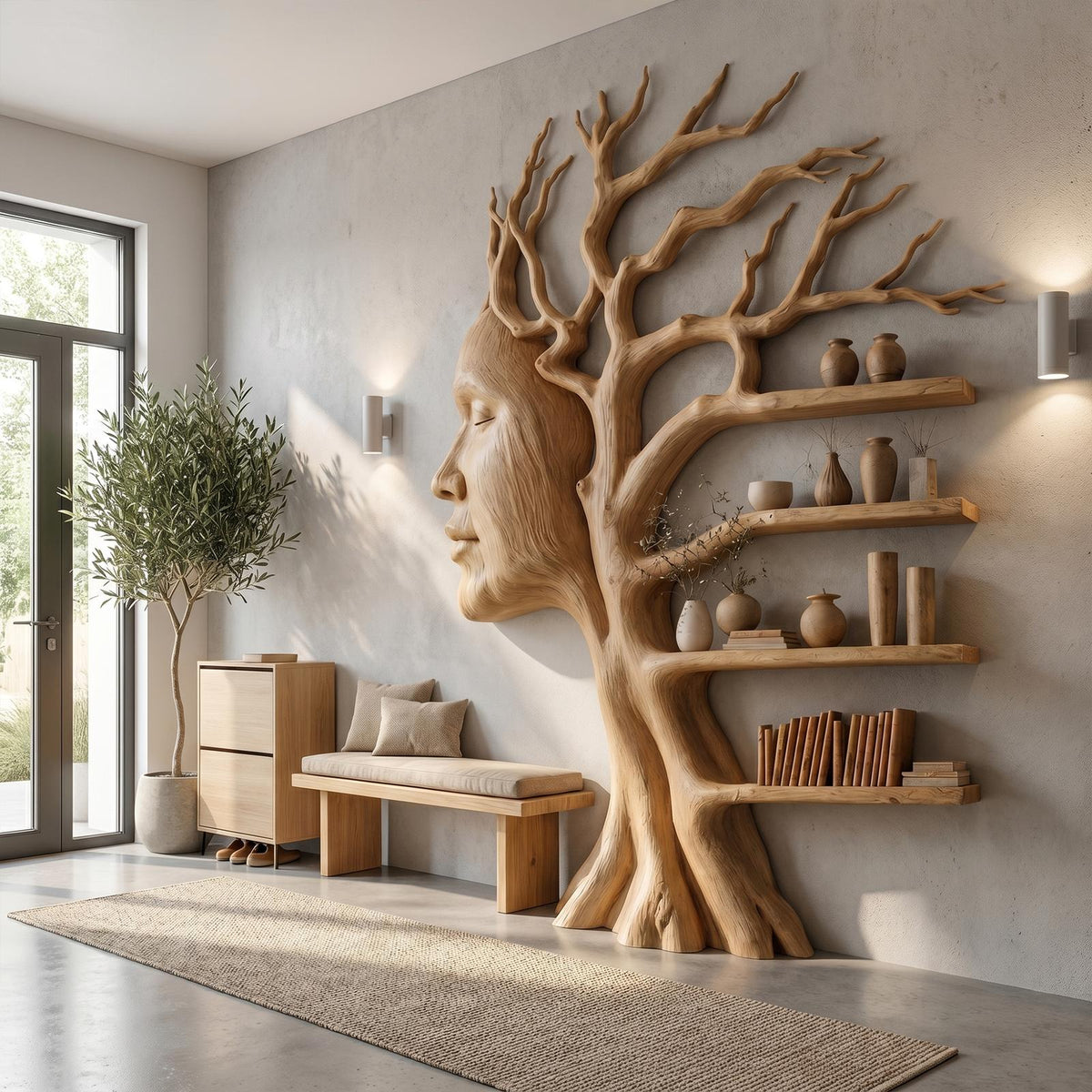 Fantasy Tree Bookshelf, Sculptural Face Design & Solid Wood Integrated Branch Shelves for Kids Room & Study