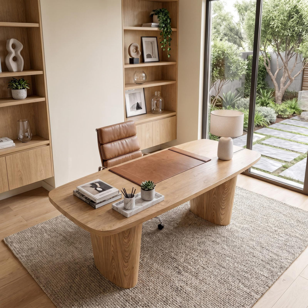 Modern Executive Wooden Desk, Sculptural Solid Wood Base Writing Desk for Home Office & Workspace
