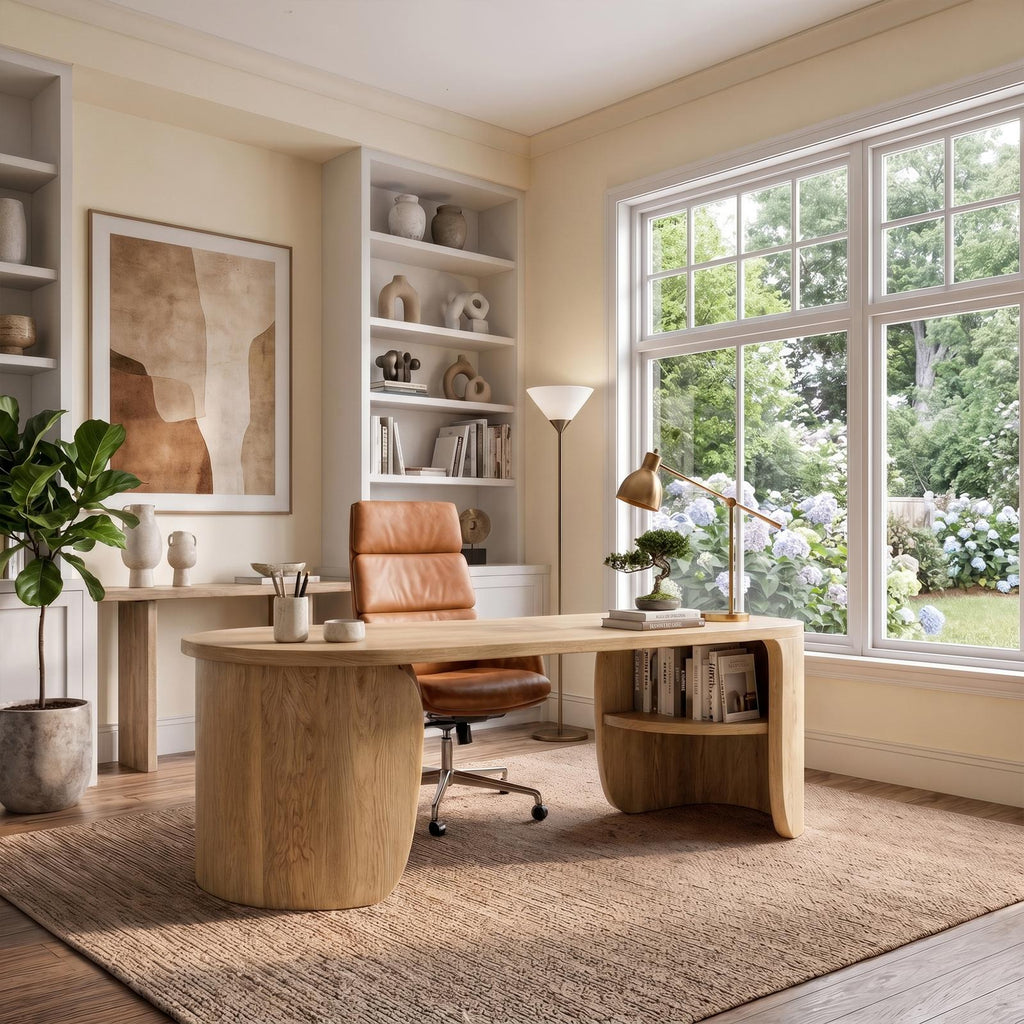 Minimalist Solid Wood Desk, Clean Lines Writing Desk with Built-In Storage Drawers for Home Office