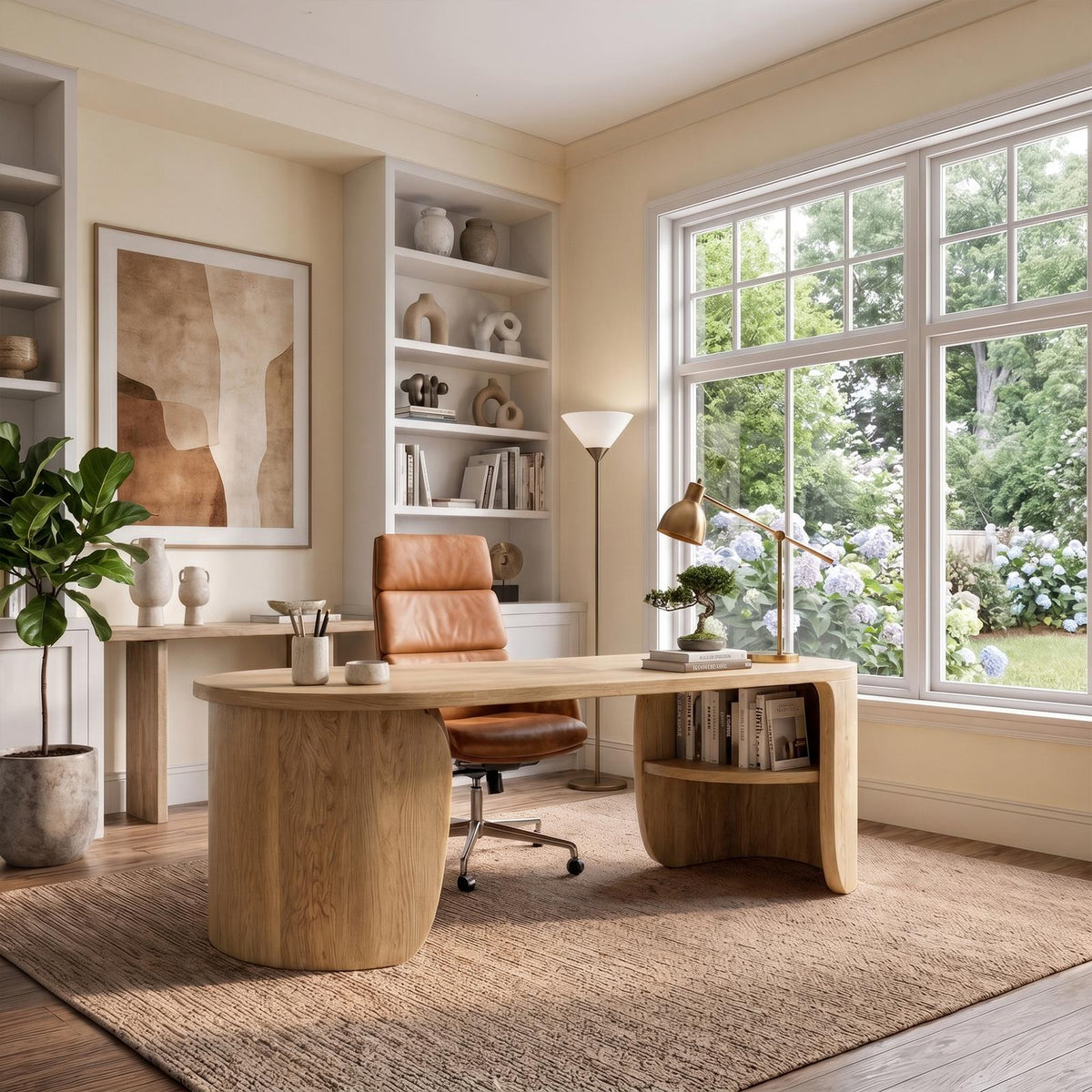 Minimalist Solid Wood Desk, Clean Lines Writing Desk with Built-In Storage Drawers for Home Office