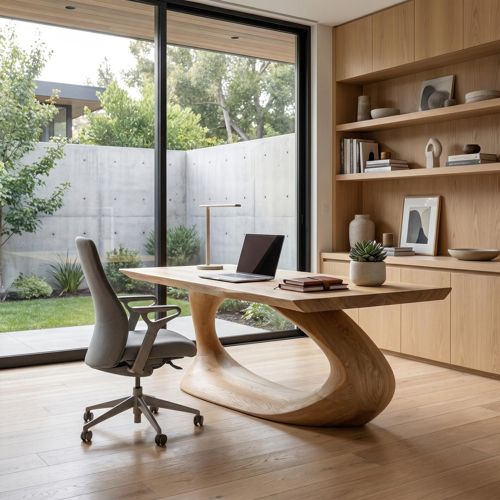 Rustic Desk With Sculptural Curved Base For Home Office