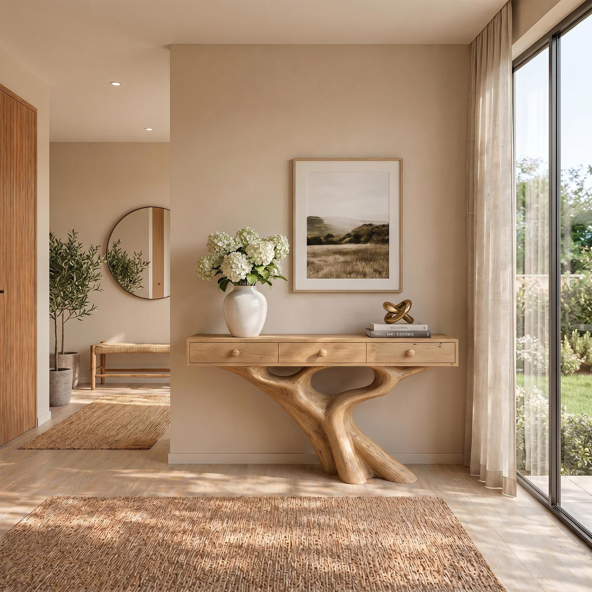 Organic Console Table with Storage Cabinet, Sculptural Curved Wood Base for Entryway & Living Room