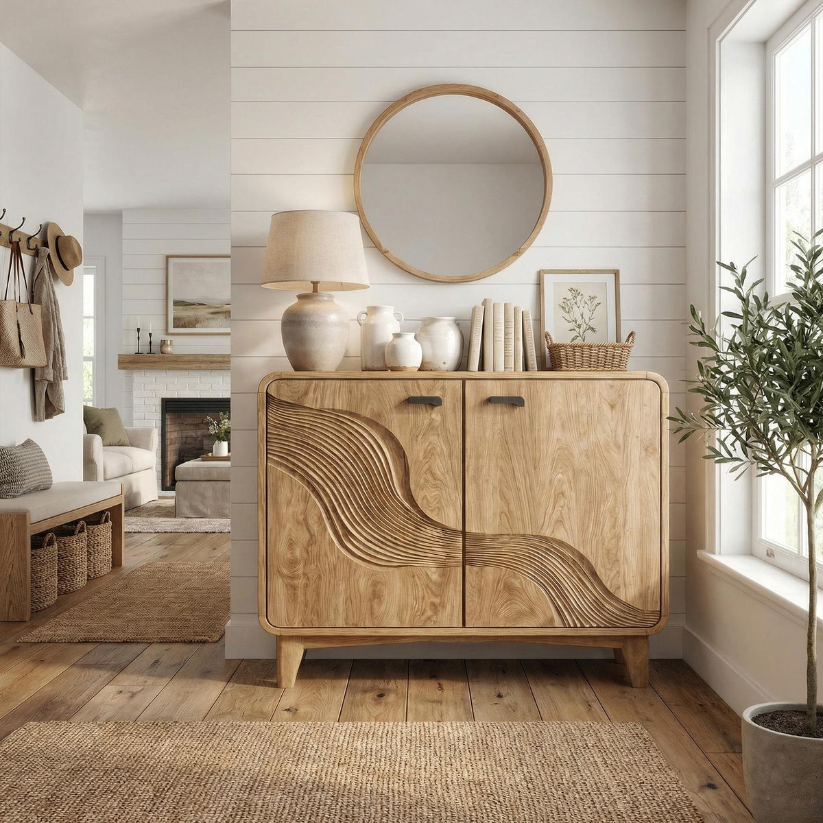 Mid-Century Sculptural Storage Cabinet, Solid Wood Sideboard Buffet Credenza for Living Room, Dining Room