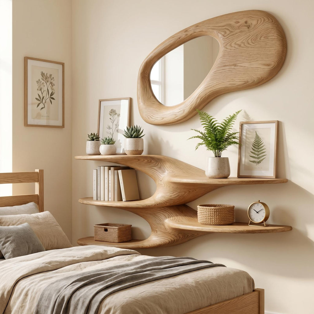 Sculptural Floating Wall Shelf, Handcrafted Solid Wood Wave Display Ledge for Bedroom & Living Room