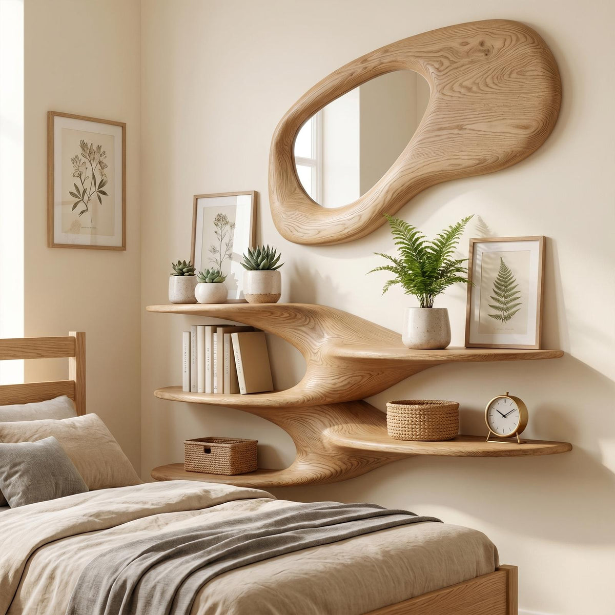 Sculptural Floating Wall Shelf, Handcrafted Solid Wood Wave Display Ledge for Bedroom & Living Room