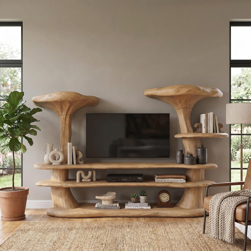 Organic Mushroom TV Stand, Sculptural Solid Wood Entertainment Center, TV Console Media Cabinet for Living Room