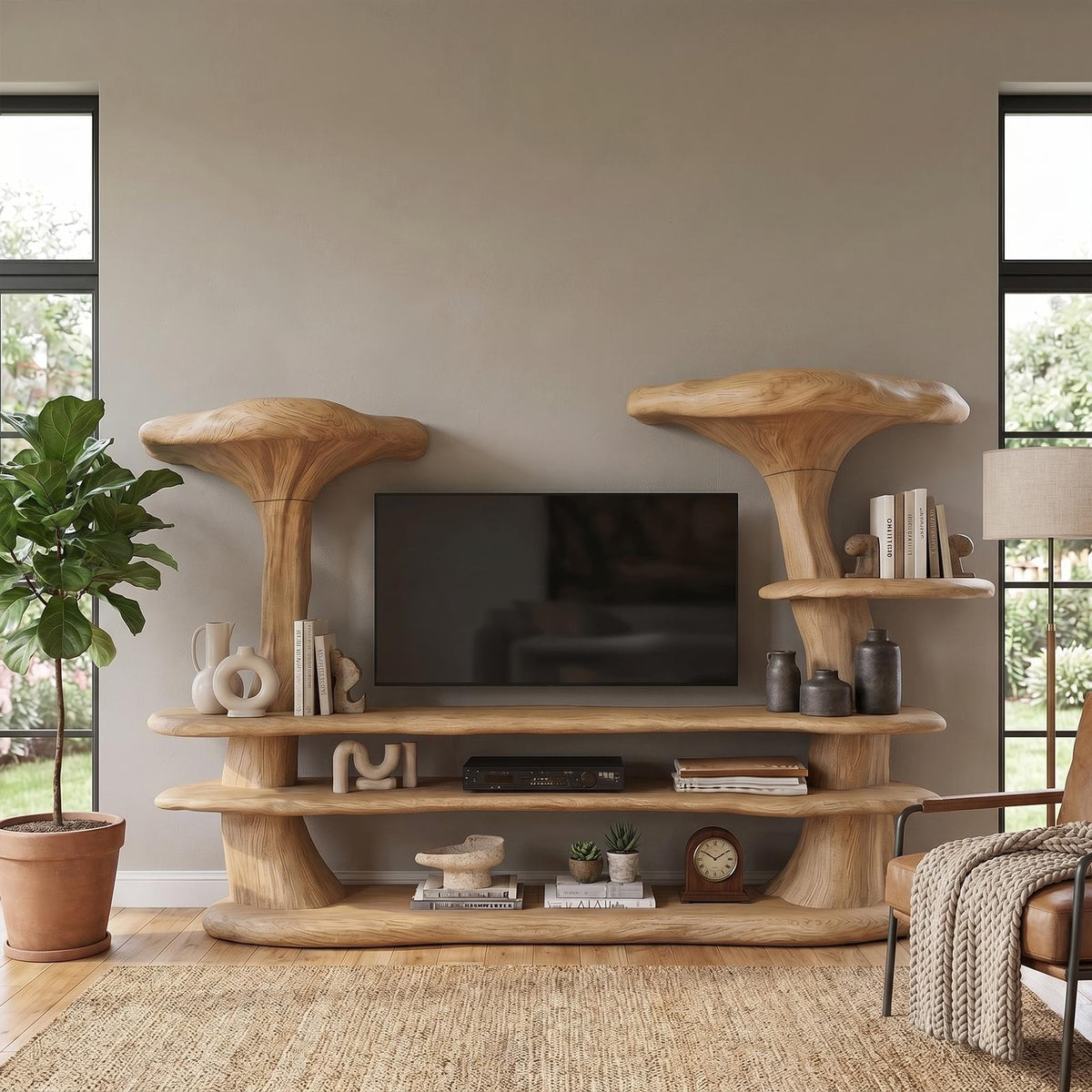 Organic Mushroom TV Stand, Sculptural Solid Wood Entertainment Center, TV Console Media Cabinet for Living Room