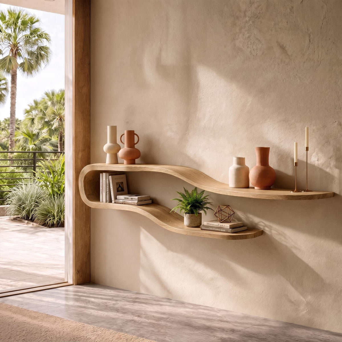 Organic Curved Floating Wall Shelf, Handcrafted Solid Wood Hanging Wave Display for Living Room Bedroom