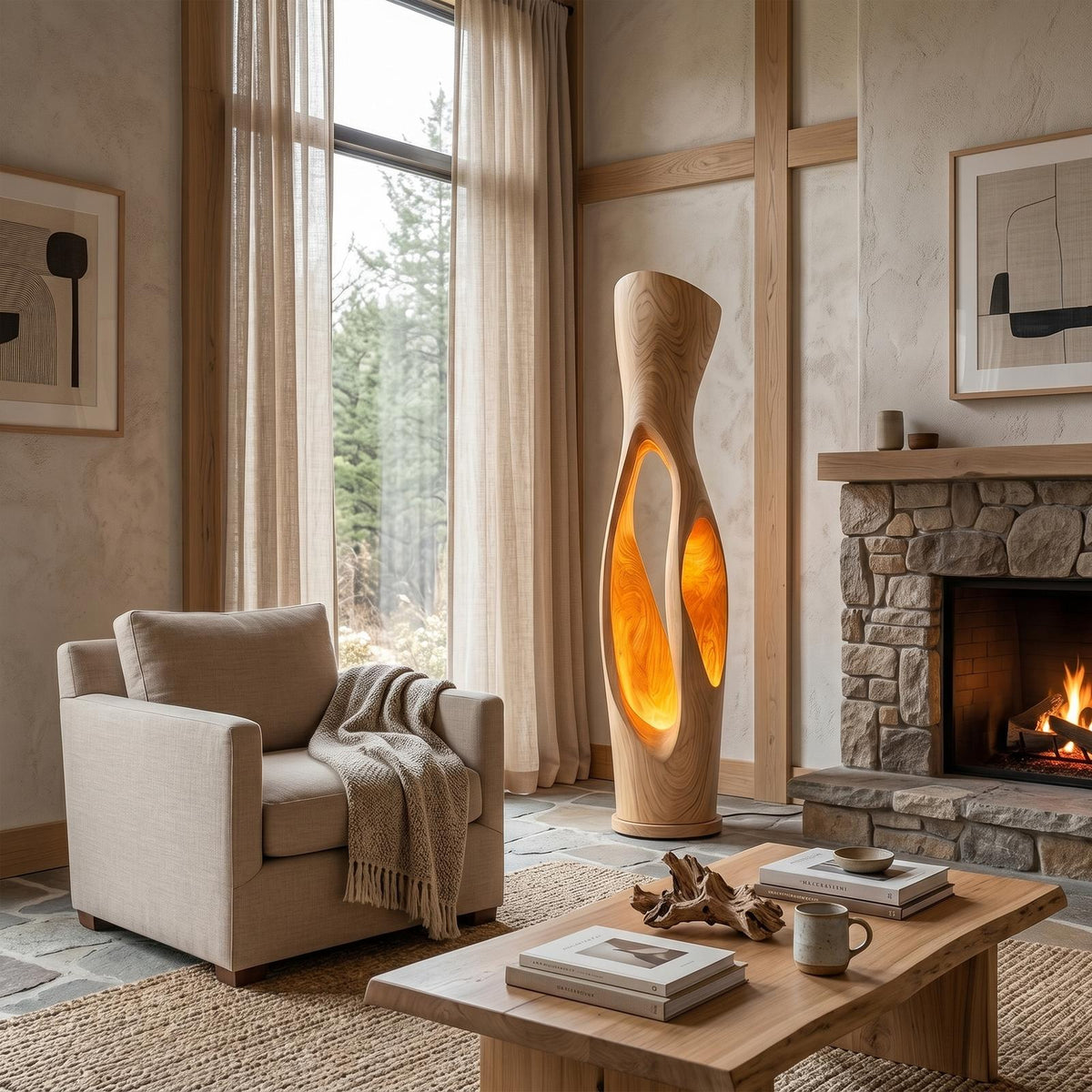 Modern Organic Wood Floor Lamp, Illuminated Hollow Trunk Design, LED Standing Light for Living Room and Bedroom