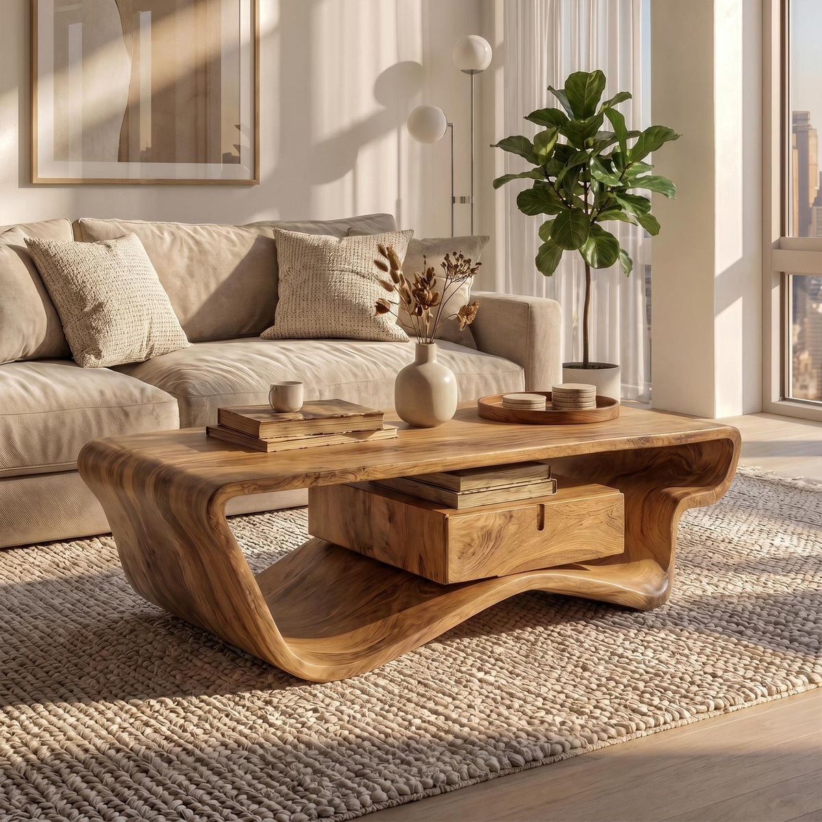 Curved Sculptural Coffee Table with Storage Drawer, Modern Solid Wood Center Accent Table