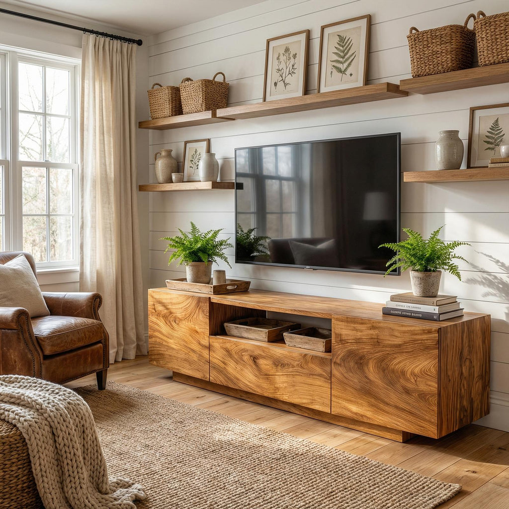 Modern Rustic TV Cabinet, Solid Wood Low Profile Block TV Stand, Living Room Media Console Unit