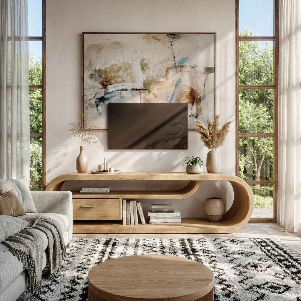 Organic Modern TV Cabinet, Solid Wood Media Console Table, Rustic TV Stand for Living Room Entertainment