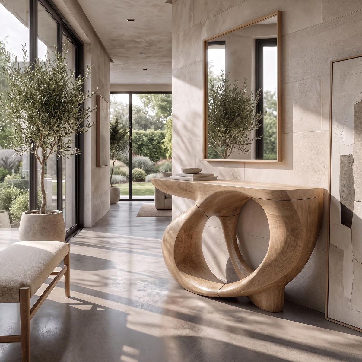 Modern Sculptural Console Table Circular Hollow Base Design For Entryway Foyer Hallway SINLKICS683