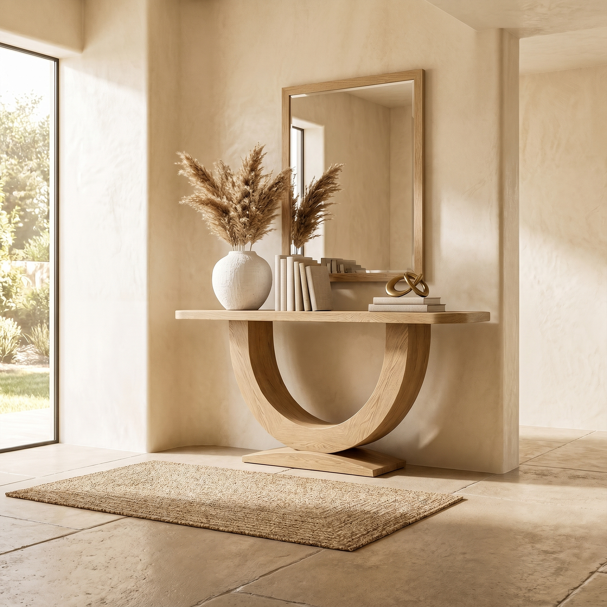 Contemporary Organic Solid Wood Console Table with U-Shape Pedestal Base, Entryway Sofa Table for Living Room