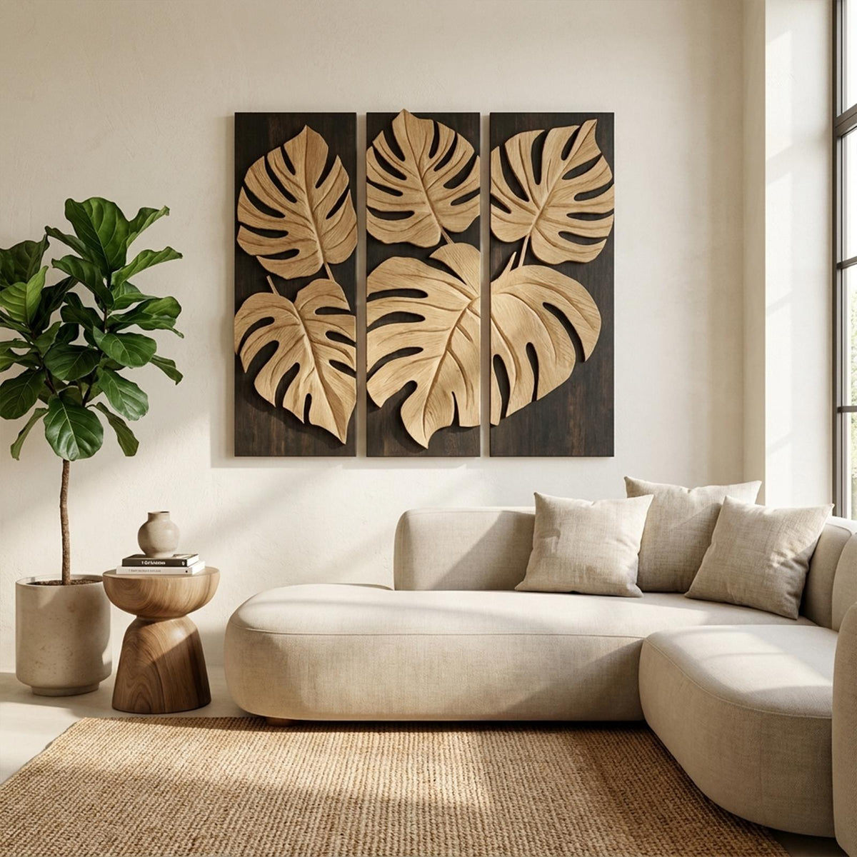 Carved Monstera Leaf Solid Wood Wall Art Triptych Statement Decor