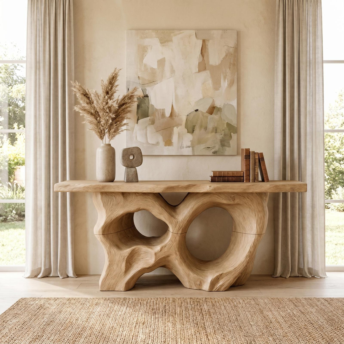 Modern Console Table With Sculptural Asymmetrical Wood Base For Living Room