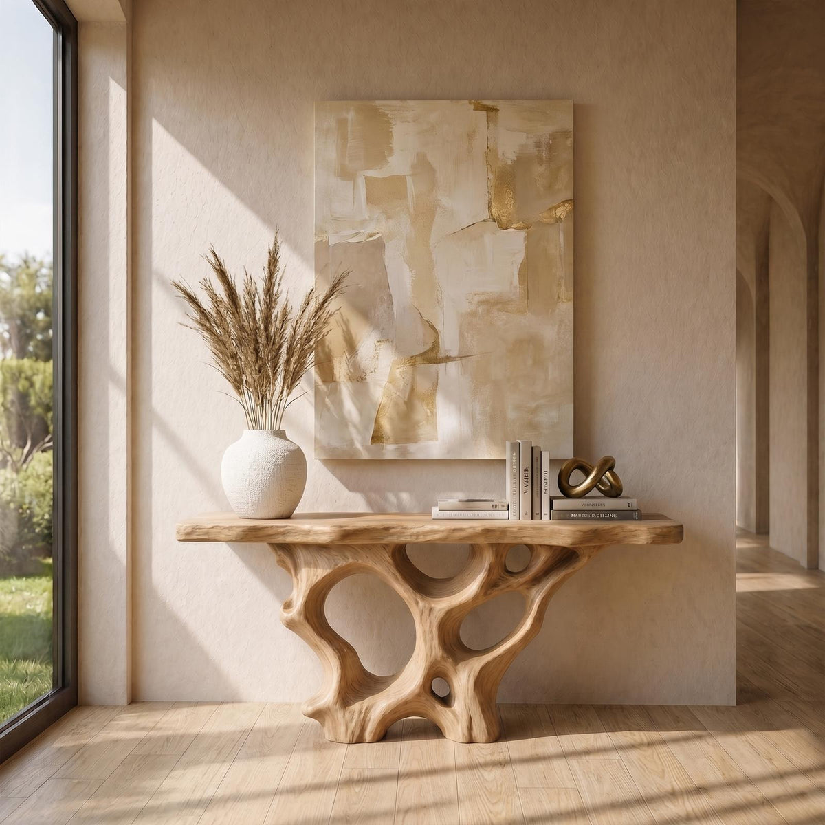 Organic Solid Wood Console Table with Sculptural Natural Wood Base, Unique Entryway Sofa Table for Living Room
