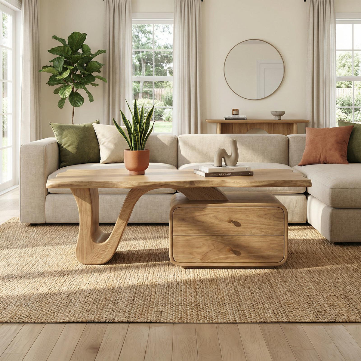 Modern Coffee Table with Storage, Handcrafted Solid Wood Center Accent Table for Living Room Lounge