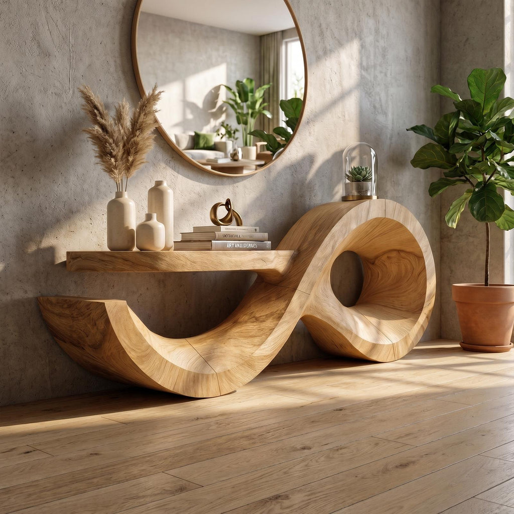 Contemporary Solid Wood Console Table with Sculptural Wave Base, Modern Entryway Sofa Table for Living Room