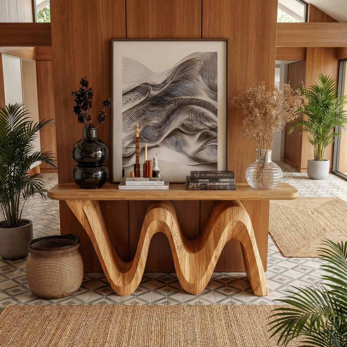 Organic Flow Console Table, Solid Wood Sculptural Wave Base Entryway Sofa Table for Hallway