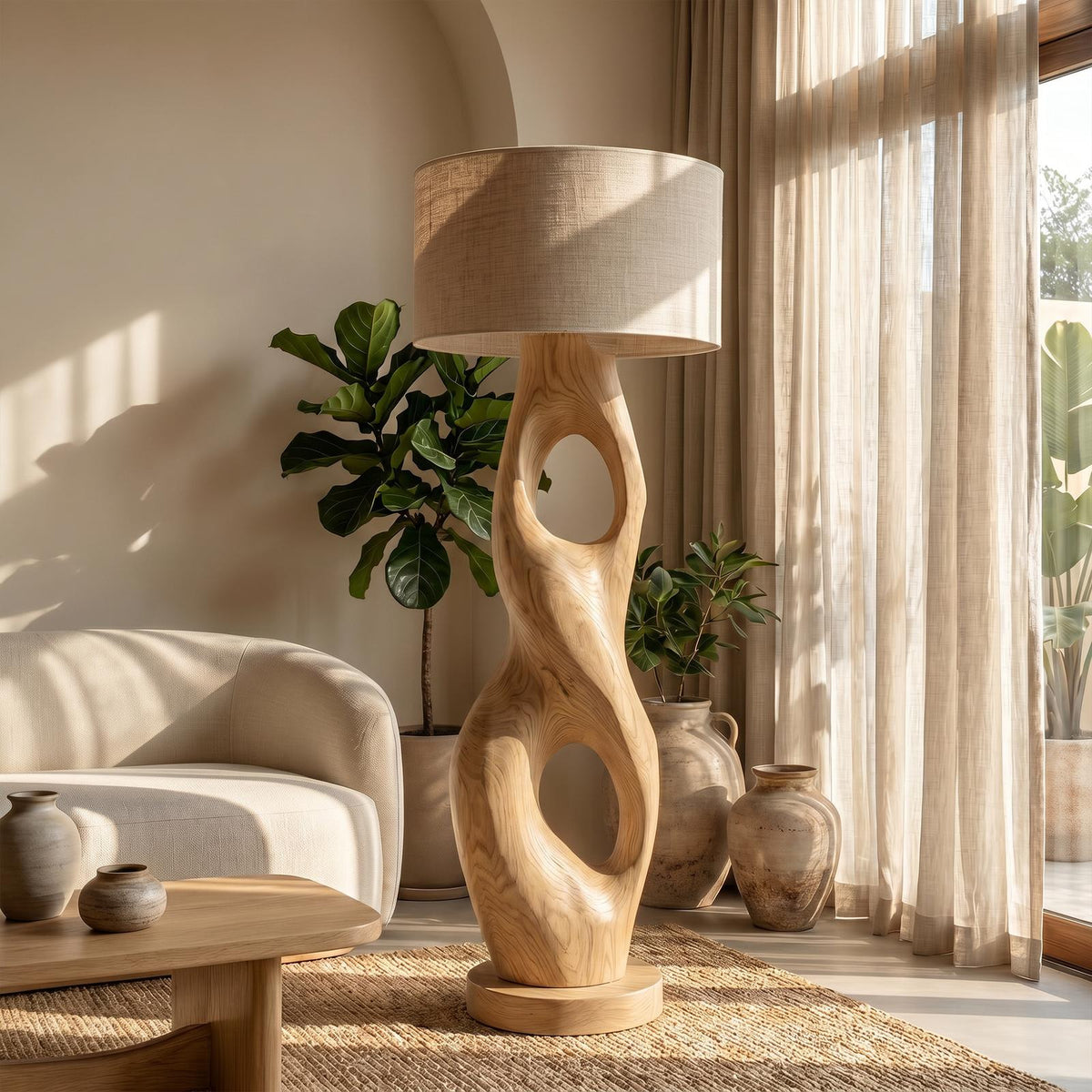 Rustic Floor Lamp with Handcrafted Hollow Wood Sculpture Base, Artistic Standing Light