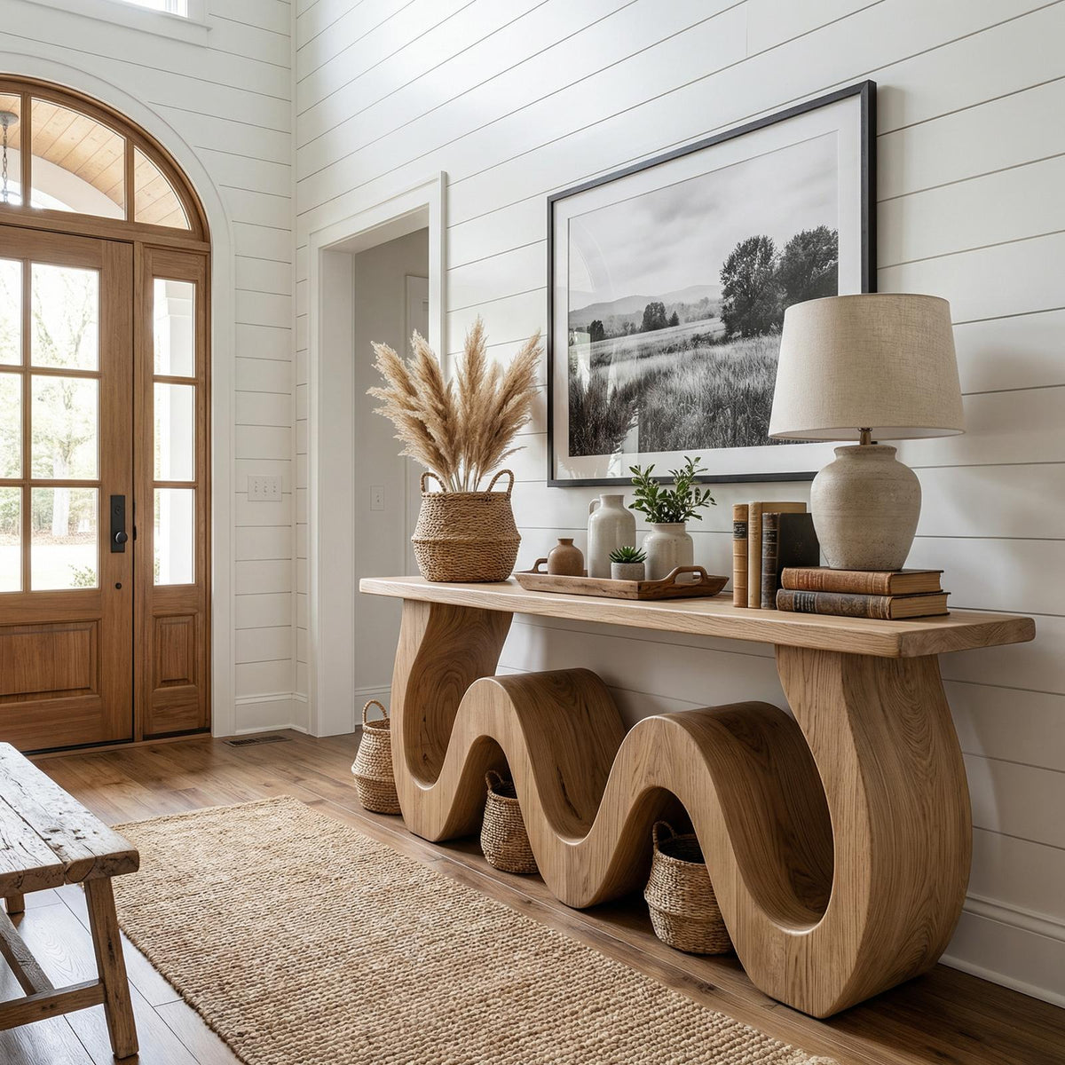 Organic Wave Console Table, Solid Wood Sculptural Curved Entryway Sofa Table for Living Room