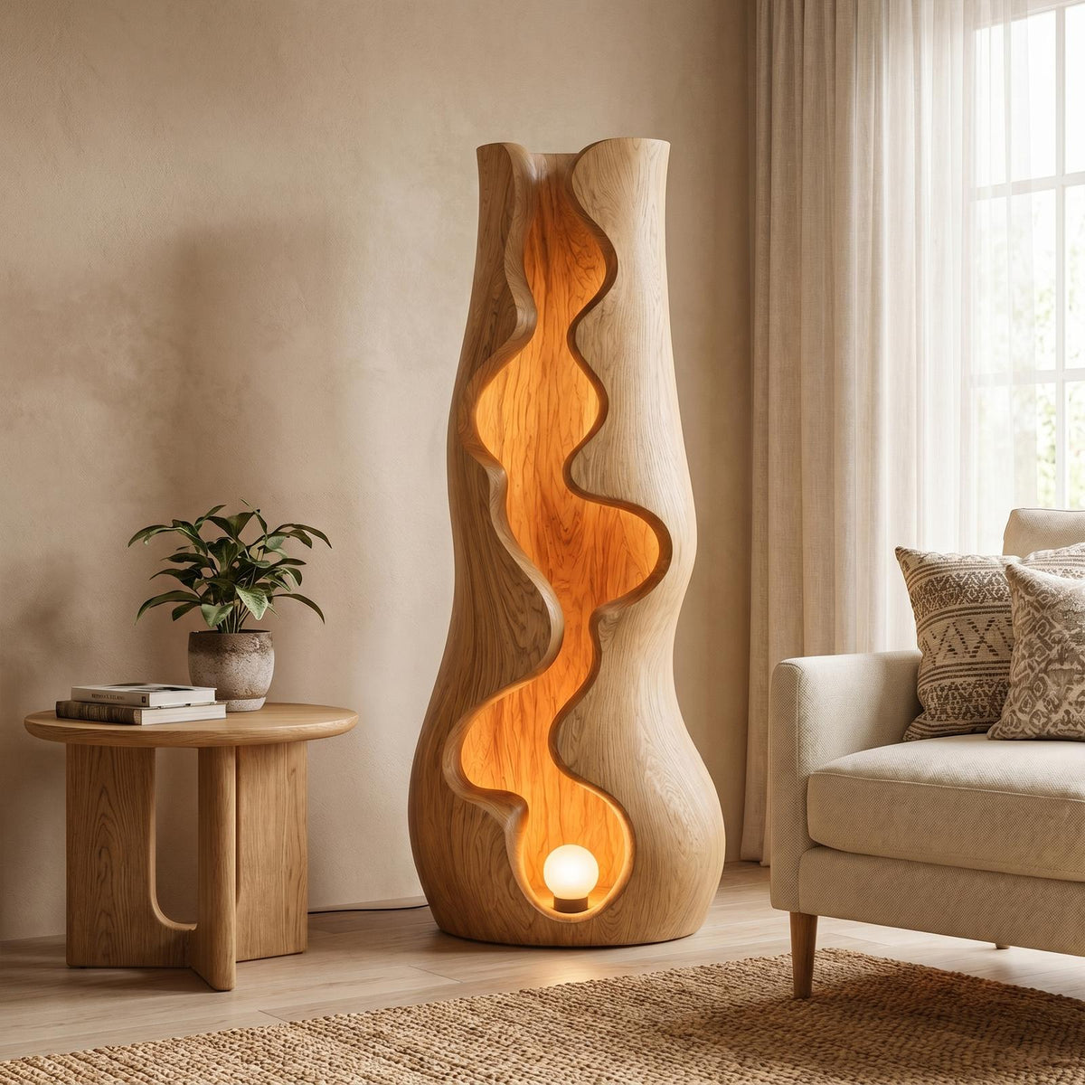 Organic Floor Lamp with Sculptural Wave Wood Design, Modern Standing Light for Living Room