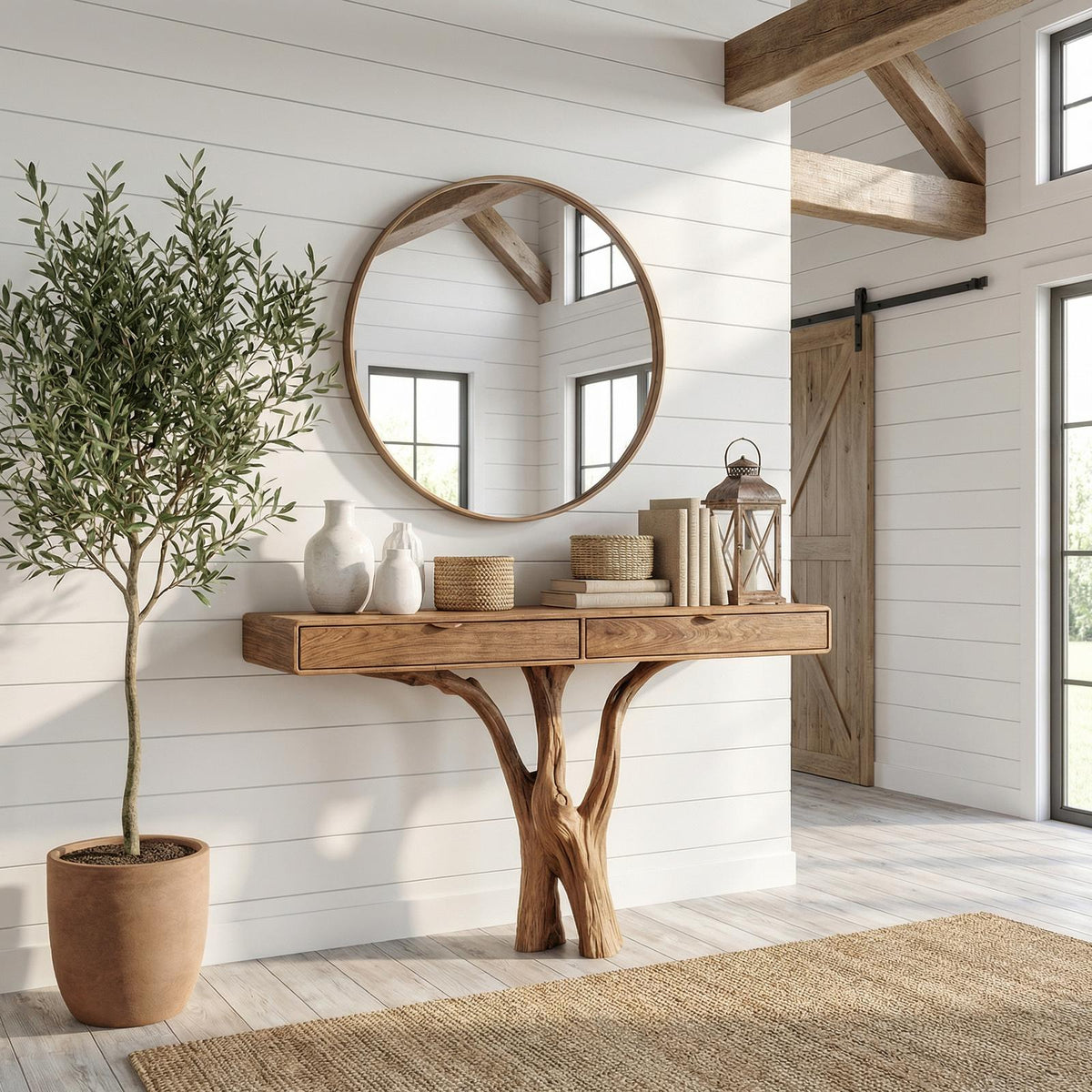Sculptural Tree Console Table, Solid Wood Branch Pedestal Entryway Sofa Table for Living Room