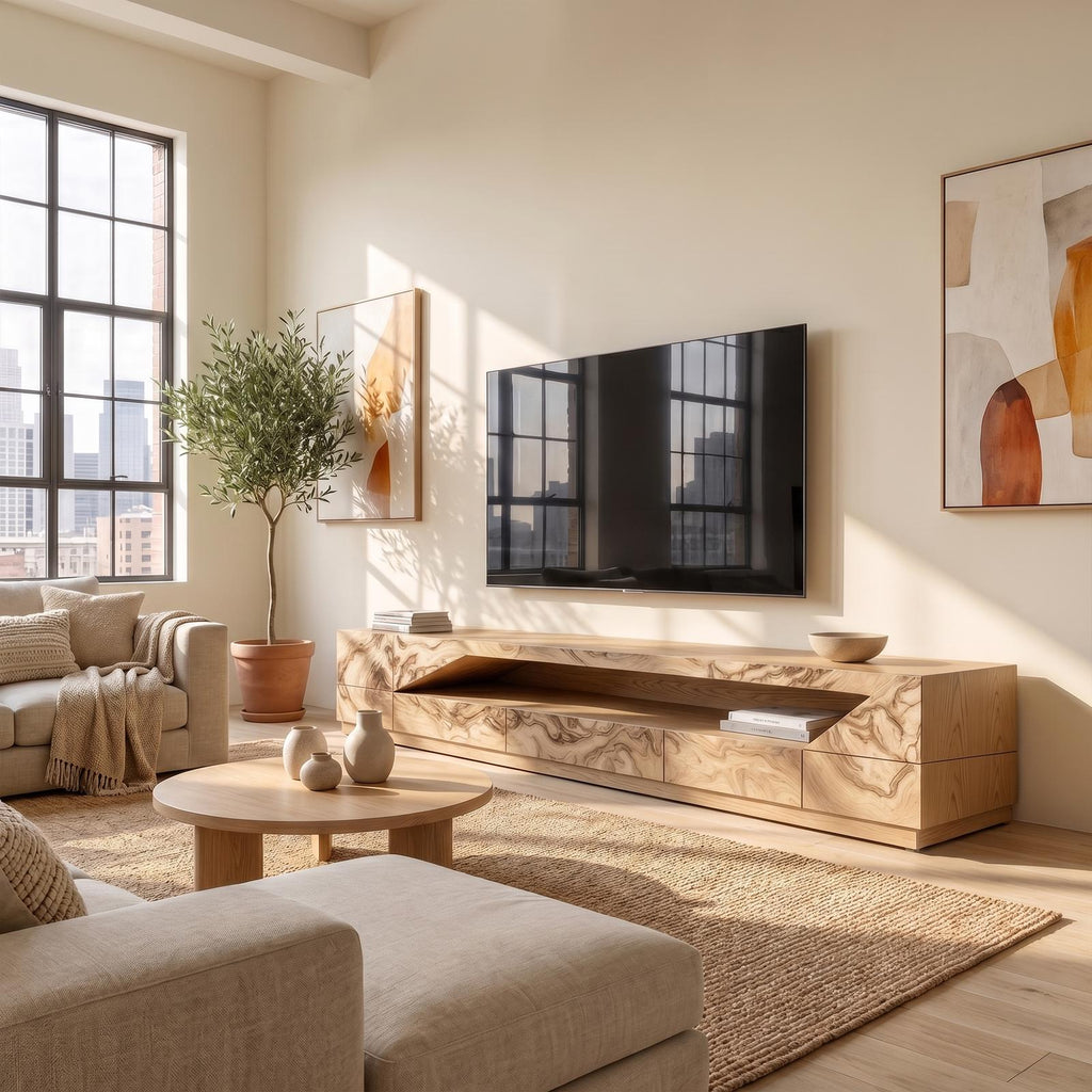 Minimal TV Console with Natural Wood Grain, Modern Wooden Media Cabinet Sideboard