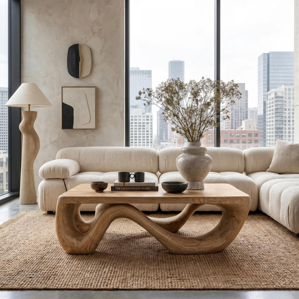 Farmhouse Coffee Table With Sculptural Open Wood Base For Living Room SINLKICF417
