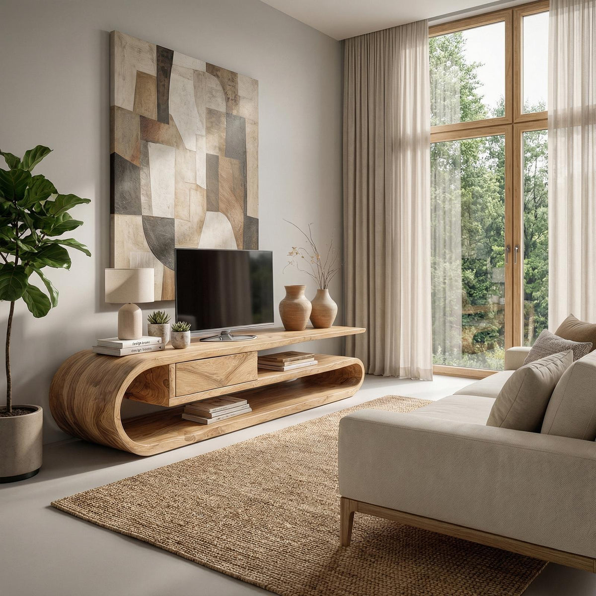 Contemporary TV Cabinet, Solid Wood Media Console, Modern Entertainment Center TV Stand for Living Room