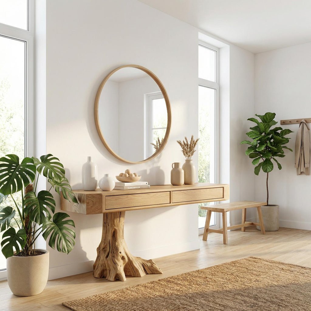 Rustic Tree Root Console Table, Solid Wood Natural Slab Entryway Sofa Table for Foyer & Hallway