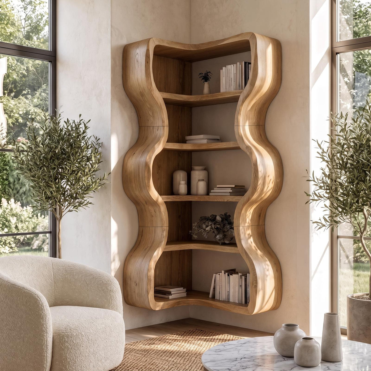 Statement Bookshelf Handcrafted Wavy Design For Living Room