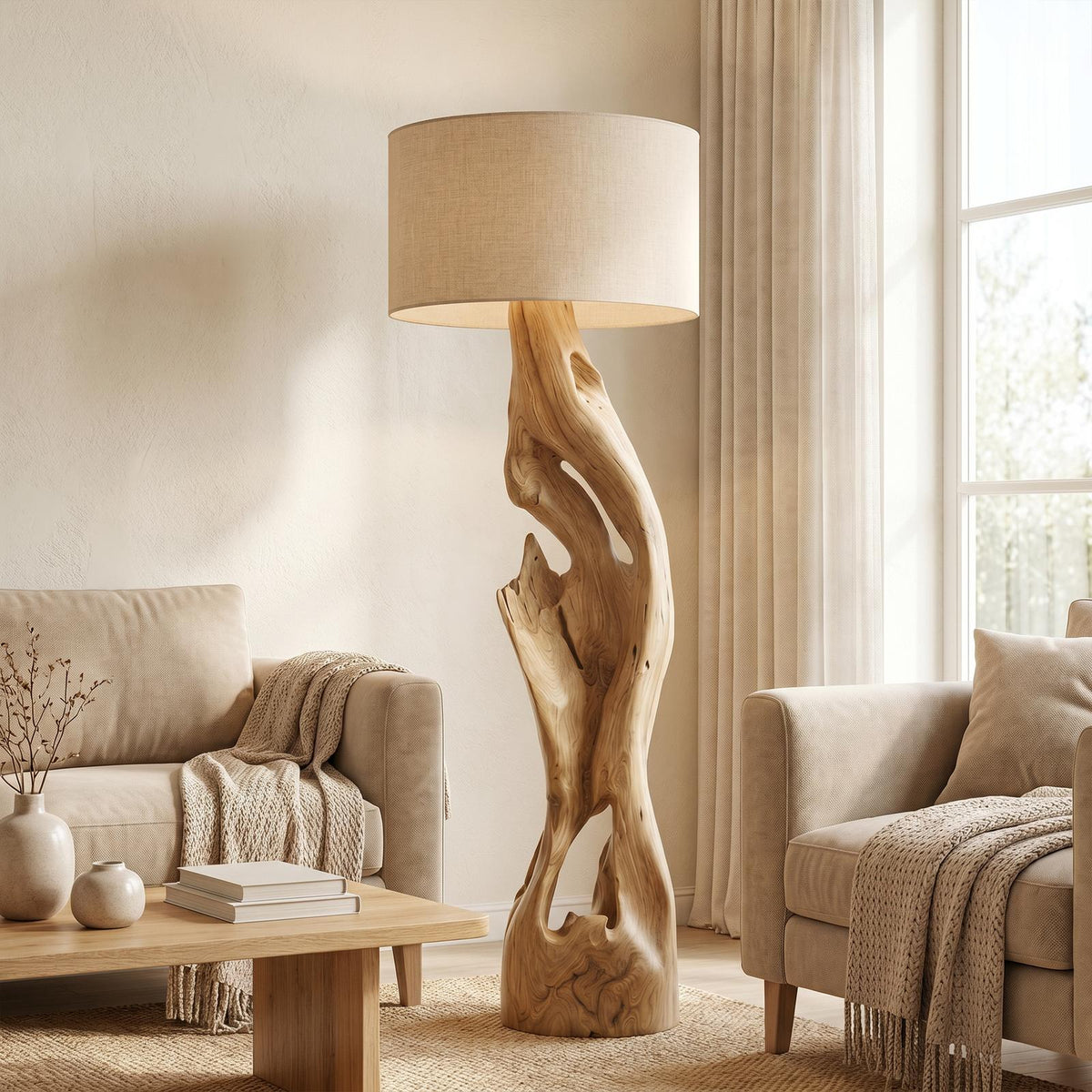 Sculptural Floor Lamp with Solid Wood Open Form Design, Modern Tall Standing Light