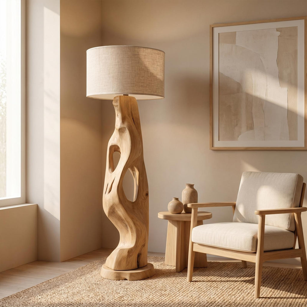 Organic Modern Standing Lamp with Artistic Solid Wood Base, Tall Floor Light for Living Room
