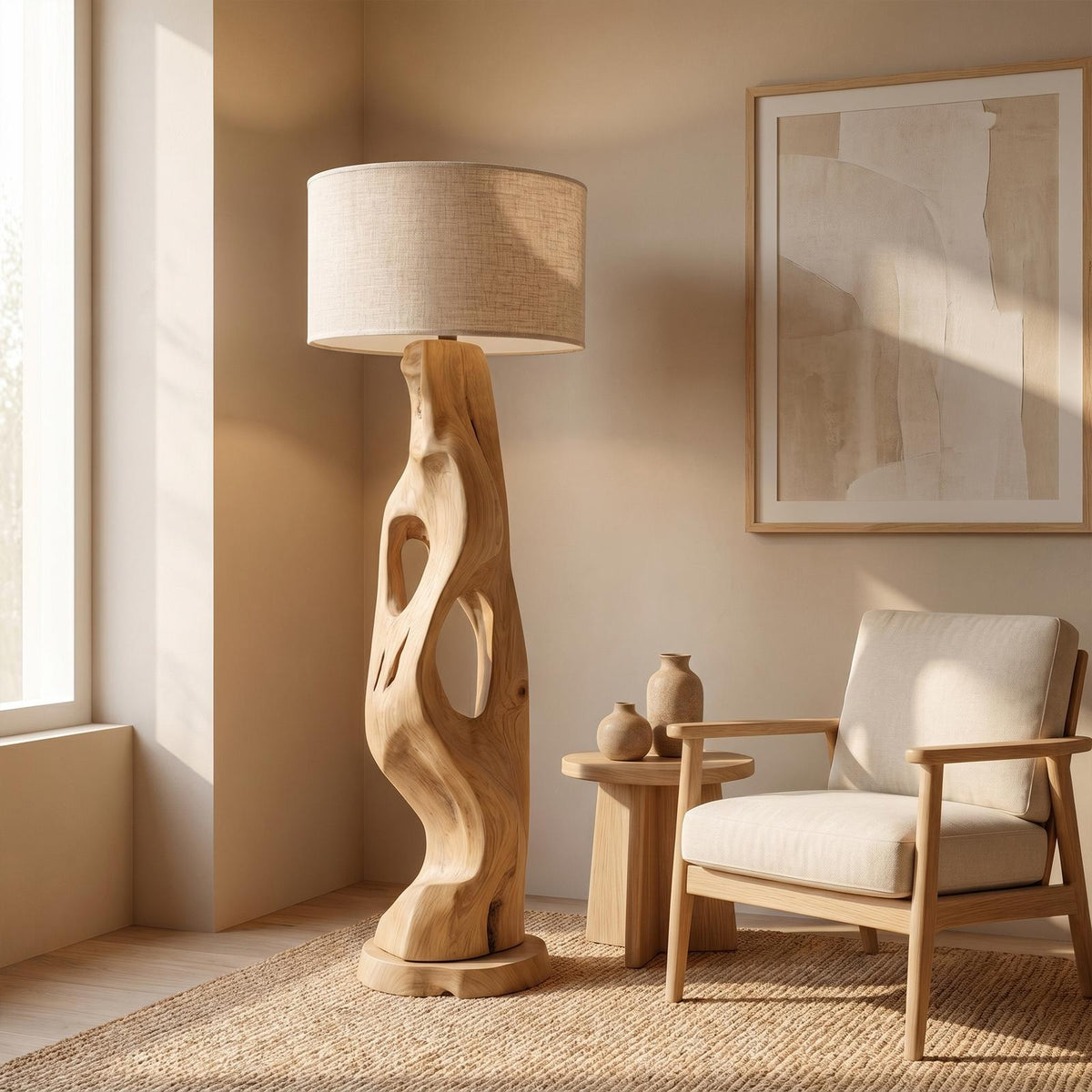 Organic Modern Standing Lamp with Artistic Solid Wood Base, Tall Floor Light for Living Room