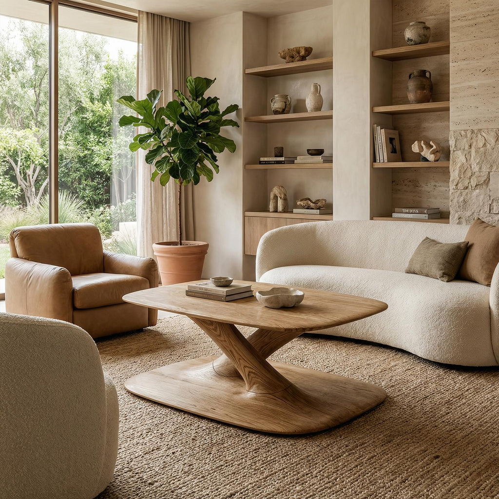 Modern Curved Coffee Table, Solid Wood Wave Accent Center Table for Cozy Living Room and Lounge