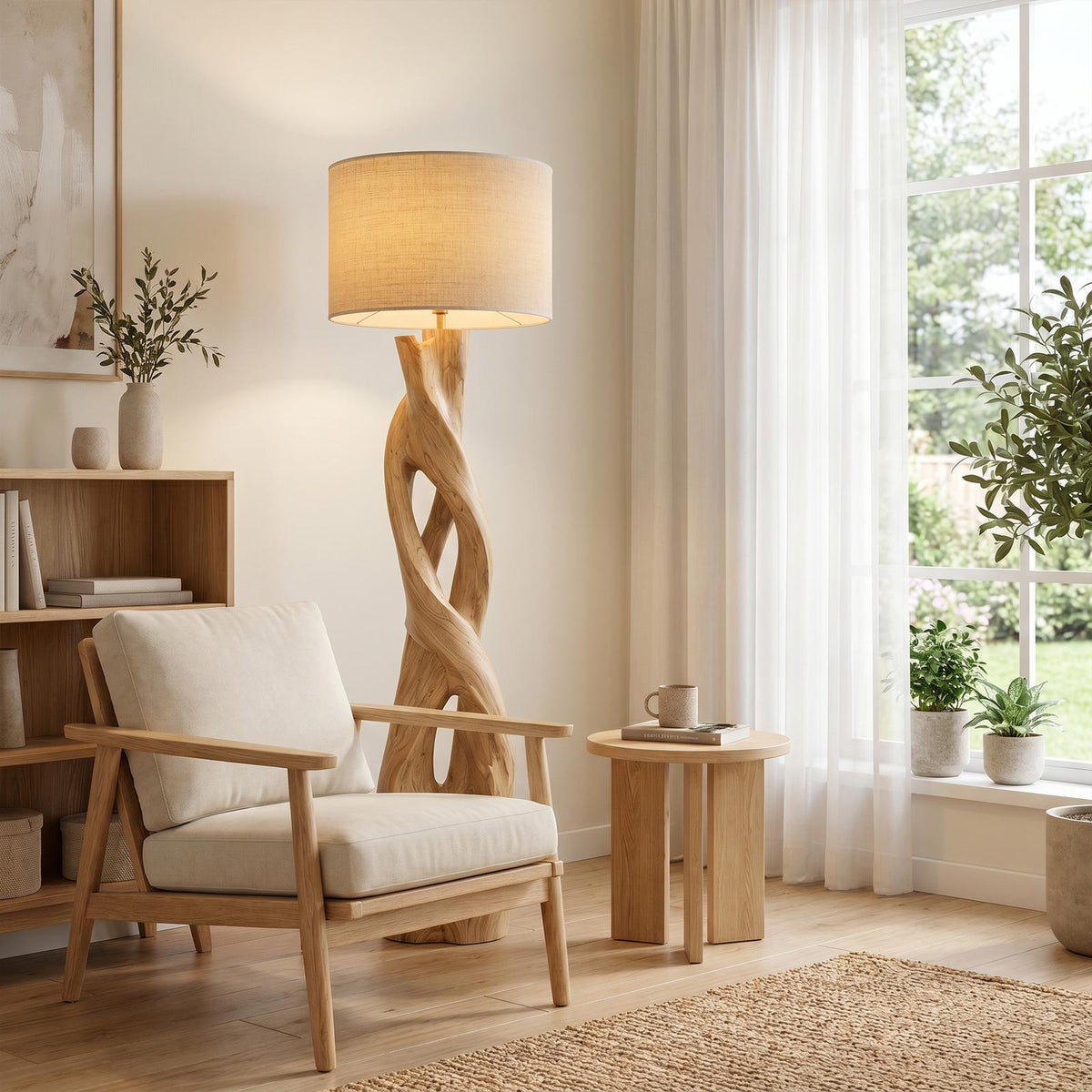 Nature-Inspired Floor Lamp with Sculptural Wood Form and Fabric Shade, Standing Tall Light