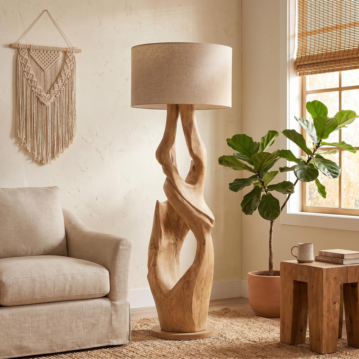 Contemporary Organic Floor Lamp with Artistic Hollow Wood Structure, Luxury Standing Light