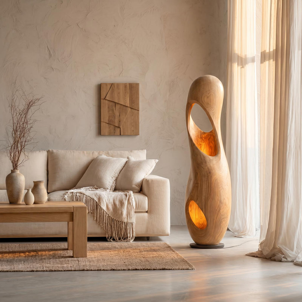 Organic Floor Lamp with Sculptural Hollow Wood Tower Design, Modern Artistic Standing Light