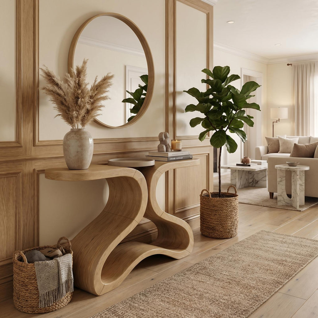 Spry Interior Organic Curved Console Table, Modern Solid Wood Entryway Sofa Table & Hallway Accent Credenza, SINLKICS568