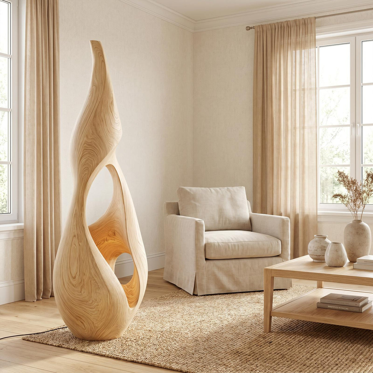 Nature-Inspired Floor Lamp with Sculptural Solid Wood Form, Artistic Standing Corner Light