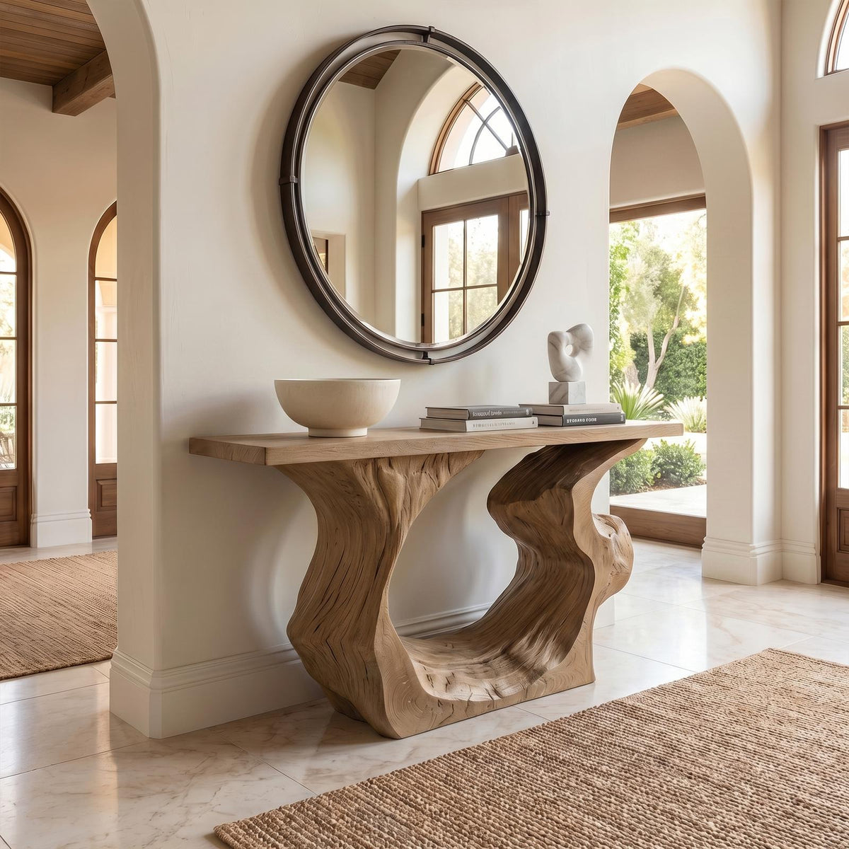 Sculptural Console Table, Modern Solid Wood Entryway Sofa Table & Accent Hallway Credenza