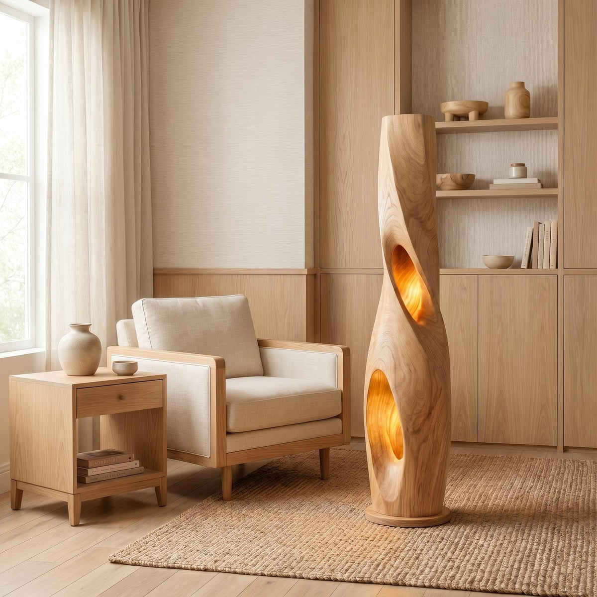 Modern Sculptural Floor Lamp with Hollow Solid Wood Design, Artistic Standing Light